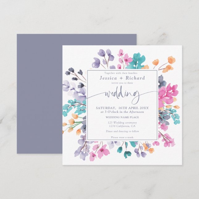 Invitation Écriture mariage moderne à fleurs lavande rose (Devant / Derrière)