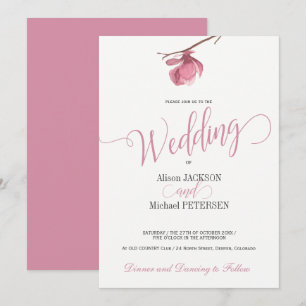 Invitation Écriture moderne florale rose pâle et blanche mari