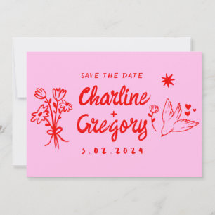 Invitation Écriture moderne rose et rouge Mariage Enregistrer