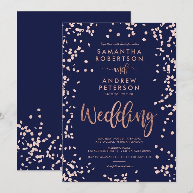 Invitation Écriture moderne rose or confetti marine bleu mari (Devant / Derrière)