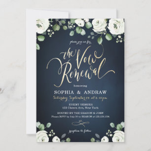 Invitation Ecriture or marine blanc floral le renouvellement