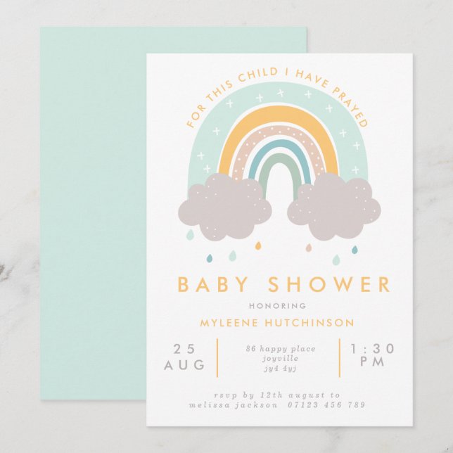 Invitation Écriture Pastel Baby shower arc-en-ciel (Devant / Derrière)