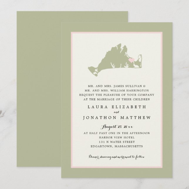 Invitation EDGARTOWN Marthas Vineyard Pink Map Mariage (Devant / Derrière)