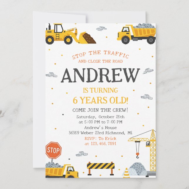 Invitation Editable A Modern Construction Birthday Party (Devant)