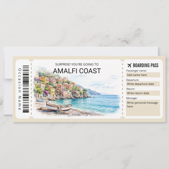 Invitation Editable Amalfi Coast Trip Boarding Pass Ticket (Devant)