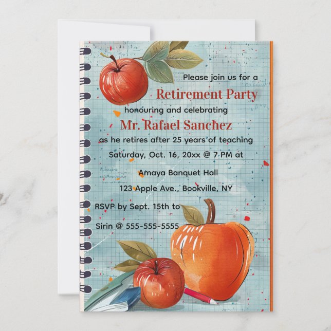 Invitation Editable Apple Graph Paper Teacher Retirement (Devant)