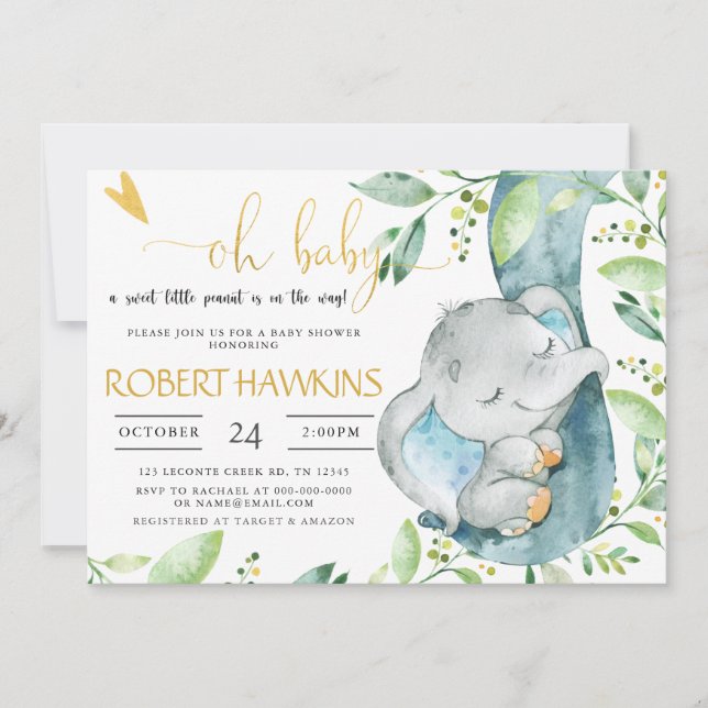 Invitation ÉDITABLE Baby shower de verdure éléphant (Devant)