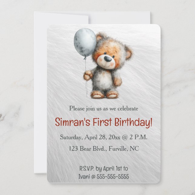 Invitation Editable Bear and a Balloon Birthday (Devant)