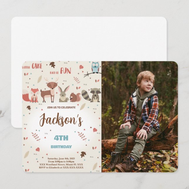 Invitation Editable Boy Woodland Anniversaire Photo Invitatio (Devant / Derrière)