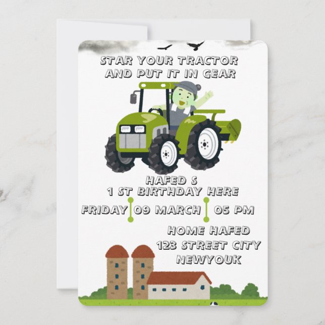 Invitation Editable Démarrer votre tracteur 1er anniversaire  (Devant)
