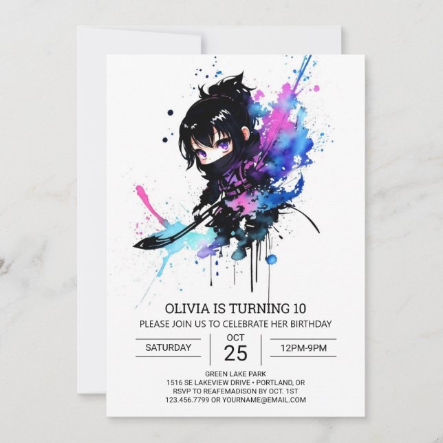 Invitation Editable Elegant Ninja Girl Birthday (Devant)
