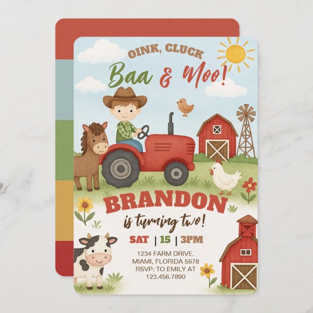 Invitation Editable Farm Animals Birthday  (Devant / Derrière)