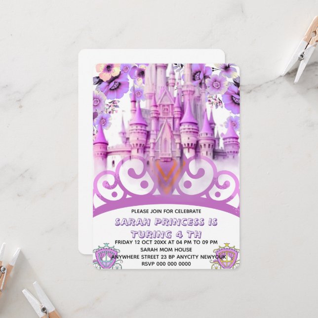 Invitation Editable Four ever une princesse 4e anniversaire I (Devant/Arrière en situation)