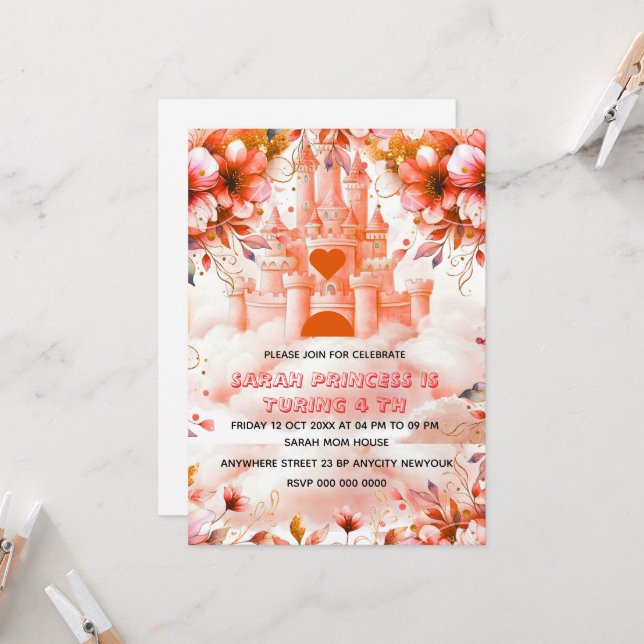 Invitation Editable Four ever une princesse 4e anniversaire I (Devant/Arrière en situation)