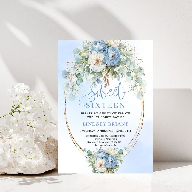 Invitation Éditable numérique Fleurs de seize ans bleu poussi (Editable Digital Dusty Blue Floral Sweet Sixteen)