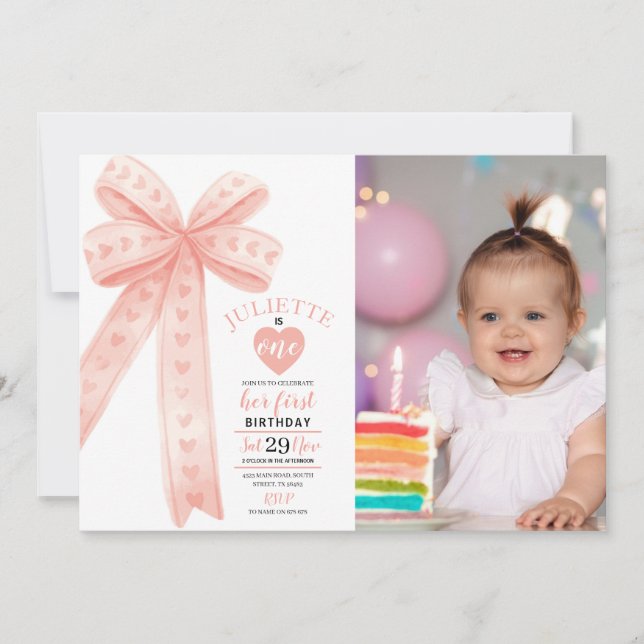 Invitation Editable Peach Bow First Girl Birthday Photo  (Devant)