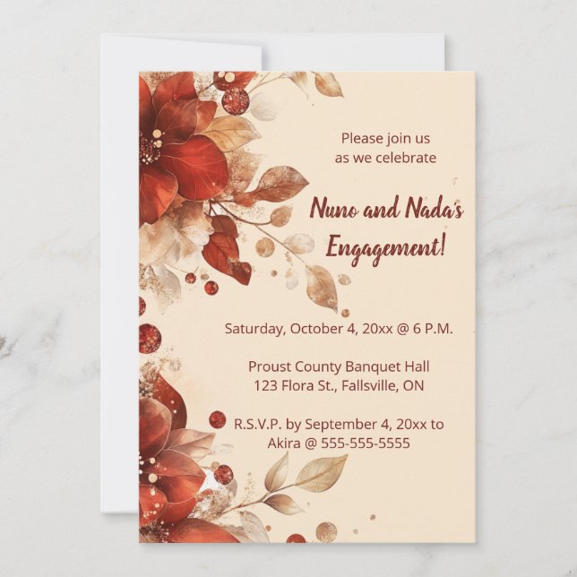 Invitation Editable Red Autumn Flowers Engagement (Devant)