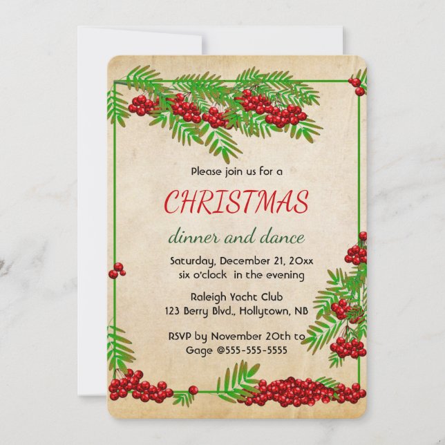 Invitation Editable Red Berries and Green Branches Christmas  (Devant)