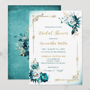 Invitation Éditable Salle de Bain de Mariée Sarcelle et Or