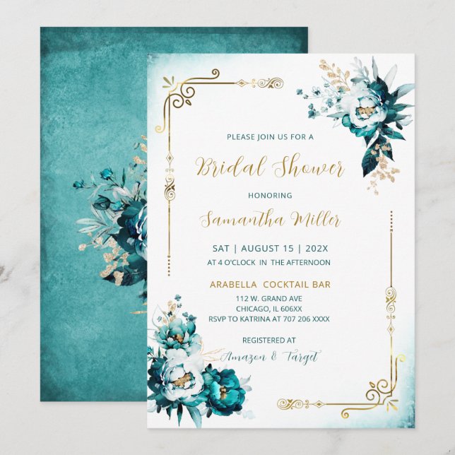 Invitation Éditable Salle de Bain de Mariée Sarcelle et Or (Devant / Derrière)