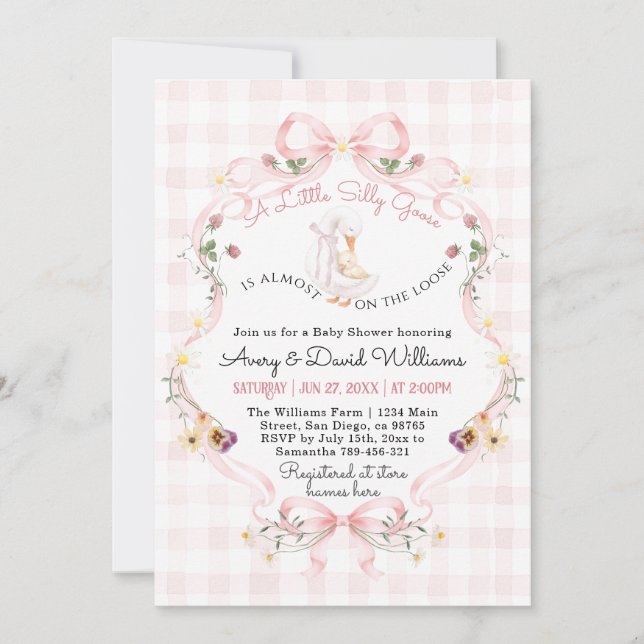 Invitation Editable Silly Goose Baby Shower Pink Bow (Devant)