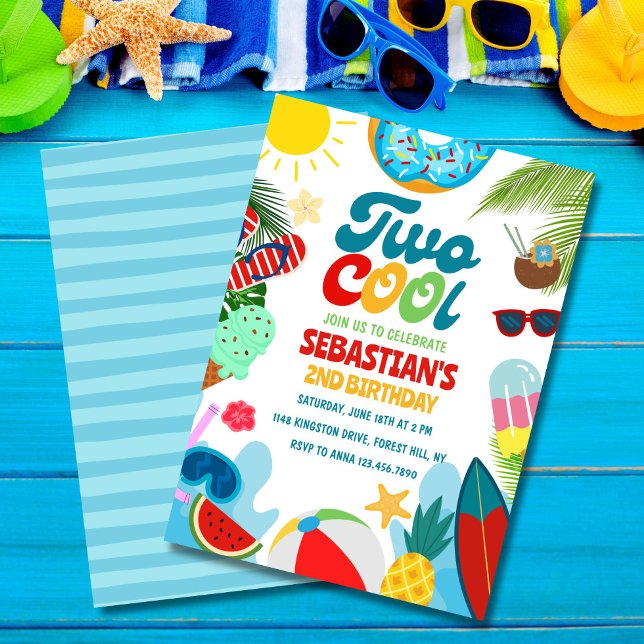 Invitation Editable Two Cool Pool Party Beach 2e anniversaire (Summer-themed Two Cool invite – perfect for your two-year-old!)