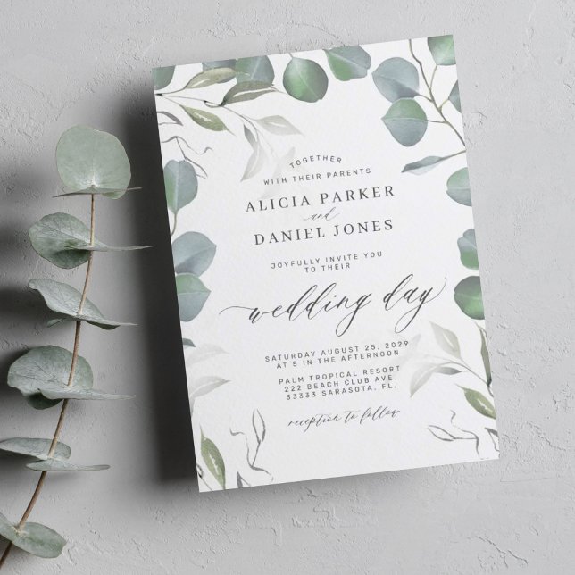 Invitation Eeucalyptus feuille élégant script mariage (Créateur téléchargé)