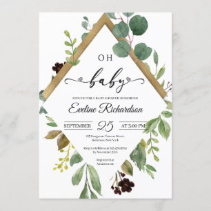 Invitation Eeucalyptus vert et feuille d'or bébé moderne