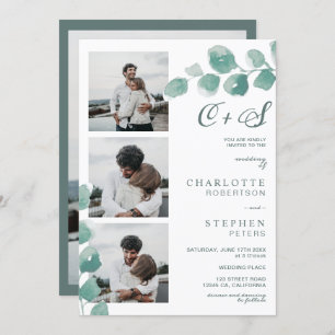 Invitation Eeucalyptus vert initiales florales photos mariage
