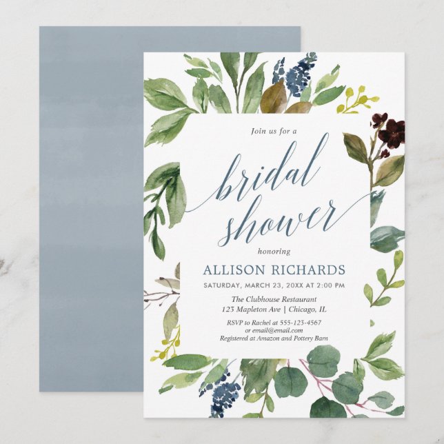 Invitation Eeucalyptus vert vert feuille nuptiale bleu poussi (Devant / Derrière)
