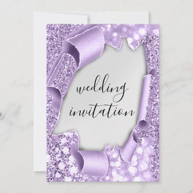 Invitation Effet 3D de mariage Élégant Violet Paillettes Arge (Devant)