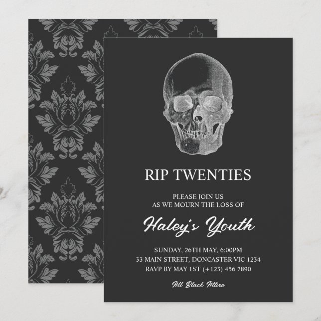 Invitation Éffrayant crâne RIP Années 20's Funny 30e annivers (Devant / Derrière)
