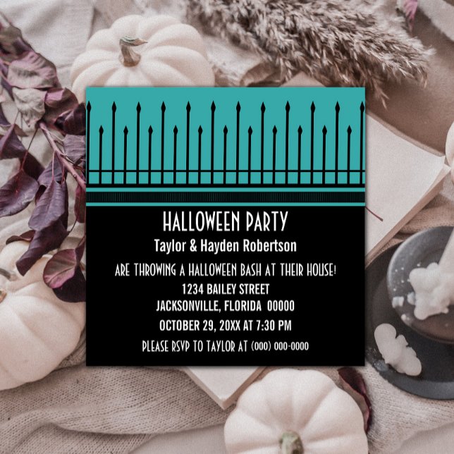 Invitation éffrayant de la Porte d'Halloween, Turq (Spooky Halloween Gate Party Invite - Turquoise)