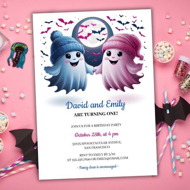 Invitation Éffrayant Ghosts Halloween Jumeaux Jumeaux Premier (Cute Spooky Ghosts Halloween Joint Twins First Birthday Invitation)