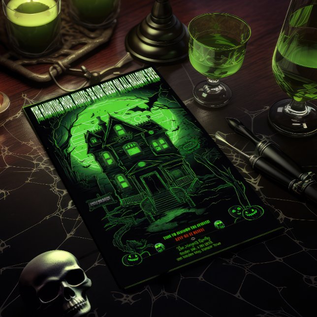 Invitation Éffrayant Green Haunted Mansion fête d'Halloween (Spooky Fun Haunted Mansion Glowing Green and Black Halloween Party Invite)