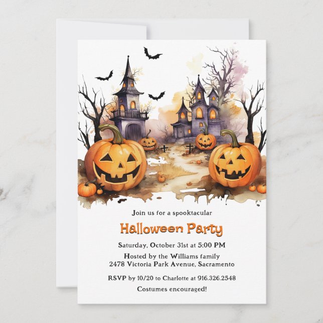 Invitation Éffrayant Haunted House Citrouilles Enfants Hallow (Devant)