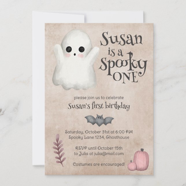 Invitation Éffrayant One Kawaii Ghost Halloween Anniversaire (Devant)