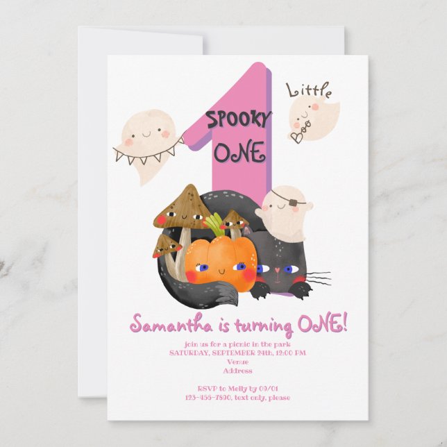 Invitation Éffrayant ONE Little Boo Halloween Filles 1er anni (Devant)