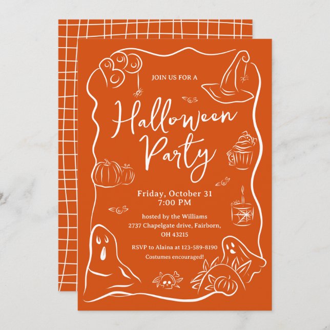 Invitation Éffrayant Quirky Hand Drake Doodle Halloween Party (Devant / Derrière)