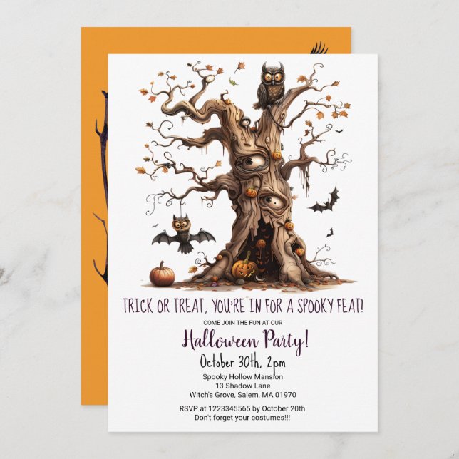 Invitation Éffrayant Tree Owl Bats Citrouille Halloween Party (Devant / Derrière)