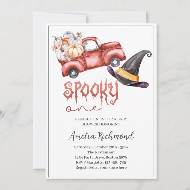 Invitation éffrayant un Citrouille rouge Pickup Baby shower c (Devant)