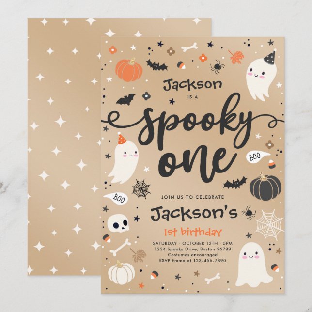 Invitation Éffrayant Un Fantôme d'Halloween Vintage 1er anniv (Devant / Derrière)