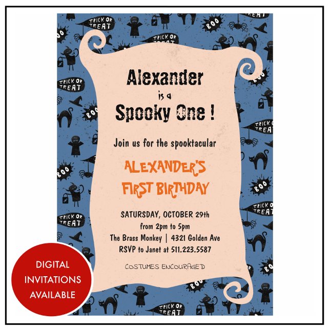 Invitation Éffrayant un Spooktacular Halloween 1er anniversai (Halloween-1st-birthday-Invitation-Spooky-one-Spooktacular-boy-blue-1)