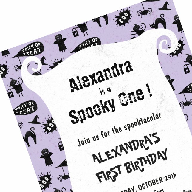 Invitation Éffrayant un Spooktacular Halloween 1er anniversai (Halloween-1st-birthday-Invitation-Spooky-one-Spooktacular-girl-purple-1)