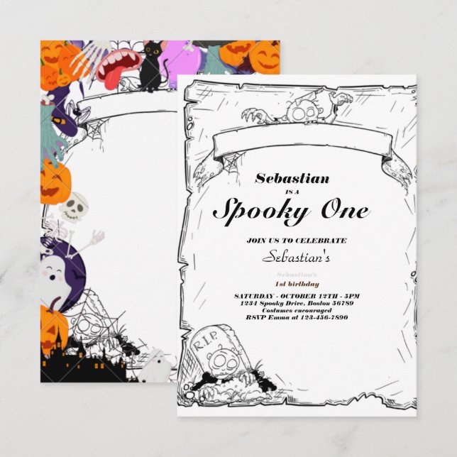Invitation Éffrayant Une Mignonne Halloween Ghost 1ère fête d (Devant / Derrière)