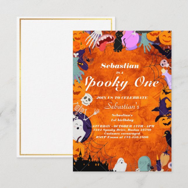 Invitation Éffrayant Une Mignonne Halloween Ghost 1ère fête d (Devant / Derrière)