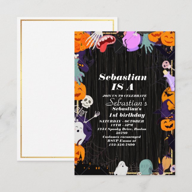 Invitation Éffrayant Une Mignonne Halloween Ghost 1ère fête d (Devant / Derrière)
