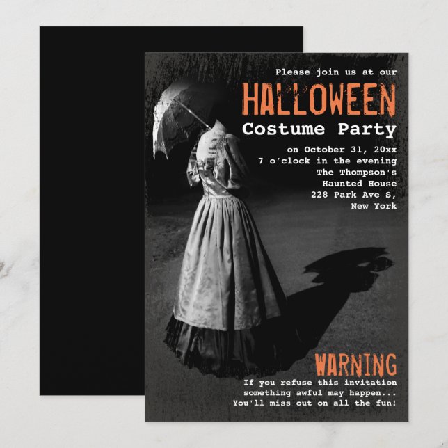 Invitation Éffrayante dame sans chef fête d'Halloween unique (Devant / Derrière)