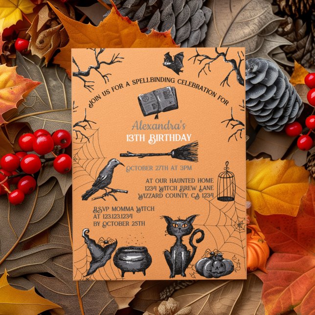 Invitation Éffrayante Eclosion Halloween fête d'anniversaire (Spooky Kids Halloween Party Invitation. Creepy Bats, Webs, Black Cat, Cauldron, Black Raven, Pumpkin)