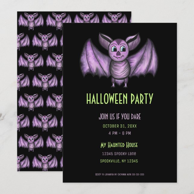 Invitation Éffrayante fête d'Halloween de chauve-souris noire (Devant / Derrière)